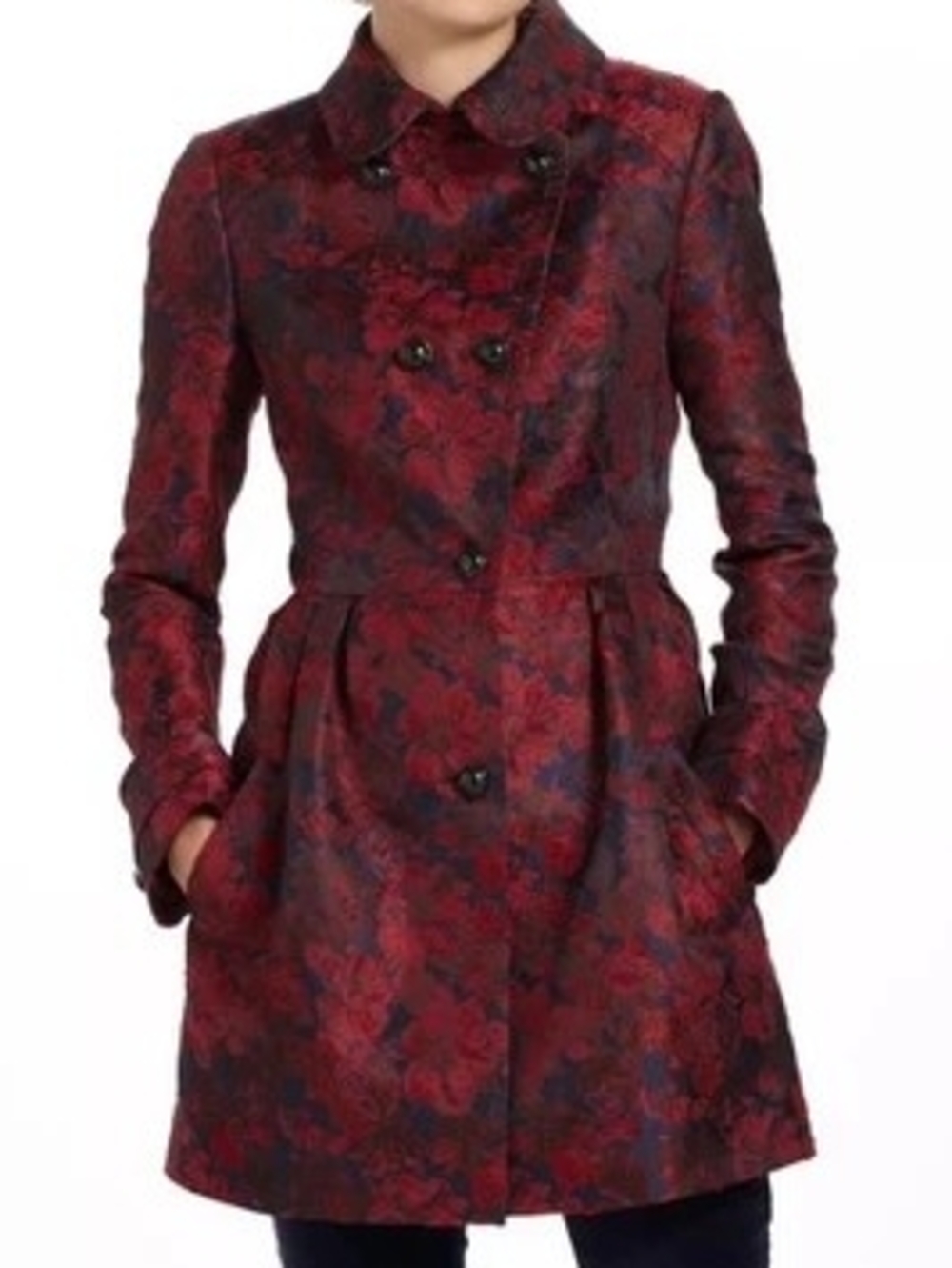 leifsdottir Red and Black Floral Jacquard Pea Coat